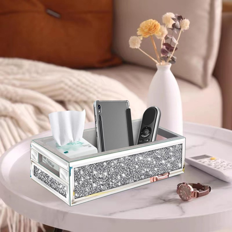 Wocred Bathroom Basket Toilet Tank,Crushed Diamond Mirrored Bathroom Tray Wall-Mounted,Silver