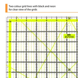 ANSIO Quilting Ruler, 12.5” Wide x 12.5” Long, Transparent, Acrylic, Double Colored Black and Neon Grid Lines for Easy Precision, Sewing Ruler Ideal for Quilting, Craft & Sewing, Patchworks