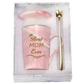 Taza de café con texto en inglés "Best Mom Ever", taza de café con texto en inglés "Best Mom Ever", taza de café, taza de cumpleaños, día de la madre, regalo para mamá, hija, hijo, mamá, taza de café de 396 ml, color rosa con caja de regalo y cuchara pos