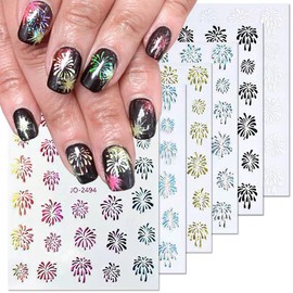 6PCS Colorful Firework Nail Stickers Decal 3D Self-Adhesive Romantic Starry Sky Sparkling Fireworks Holographic Laser Gold Silver Design Blooming Pyrotechnics New Year for Women Manicure Decoration