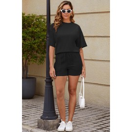 Yutdeng Women's 2 Pieces Outfit Summer Tracksuit Cotton Short Sleeve Shorts Sets Crew Neck Solid Color Tops Shorts with Pockets Lounge Wear Sets Streetwear co ord Sets,Black,XL