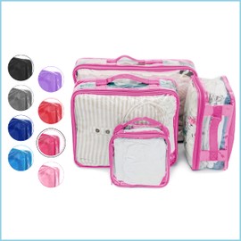 Clear Travel Packing Cubes Set of 4 for Carry On (XS, Small, Medium, Large) / See-Through Clothes Organizer Dividers for Suitcase/Transparent Vinyl PVC Cell Pouches for Luggage (Pink)
