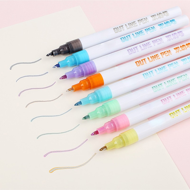 8Pcs Double Line Pen Color DIY Drawing Marker Highlighter Stationery