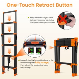 RIKADE A-Frame Telescoping Ladder with 1-Button Retraction, Aluminum Adjustable Extension Ladder, Portable Lightweight Folding Design for Home/RV Use, 330lb Capacity(1.7+2M)