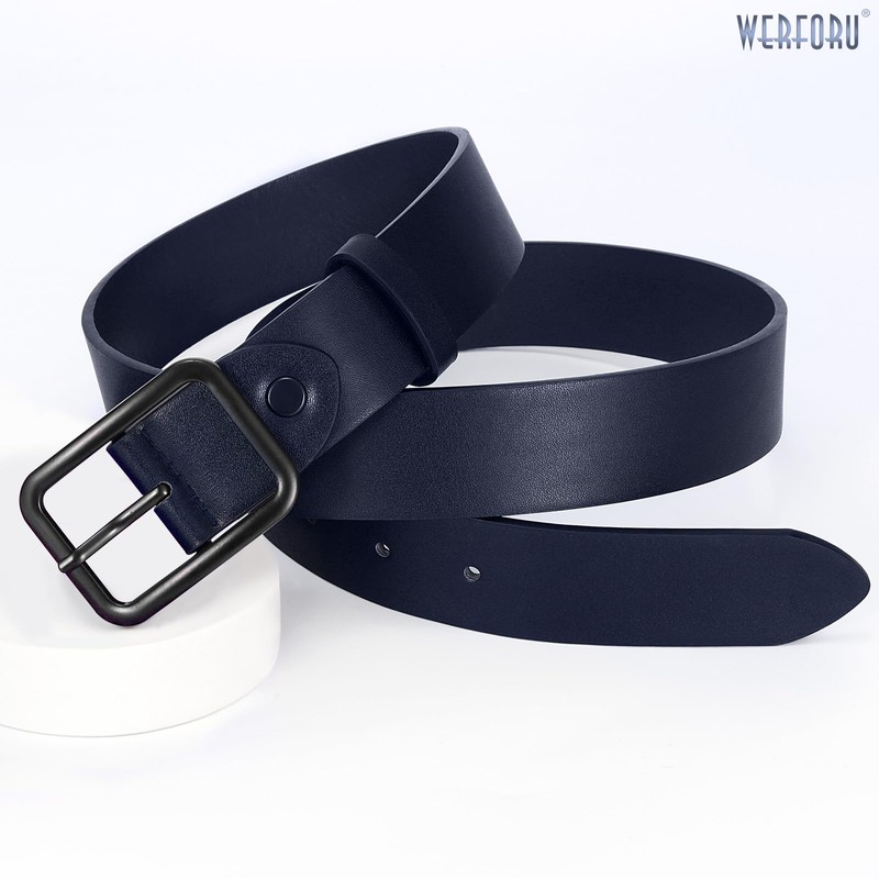 WERFORU Women Classic Navy Blue Leather Belt With Square Black
