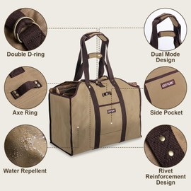 Goture 20oz Waxed Canvas 23.8×11.8×19.6 inch Firewood Carrier Bag, Waterproof Large Firewood Bag with Dual-Handles, Sealed Side, Side Pocket, and Axe Ring for Camping Indoors (with Kindling Bag)