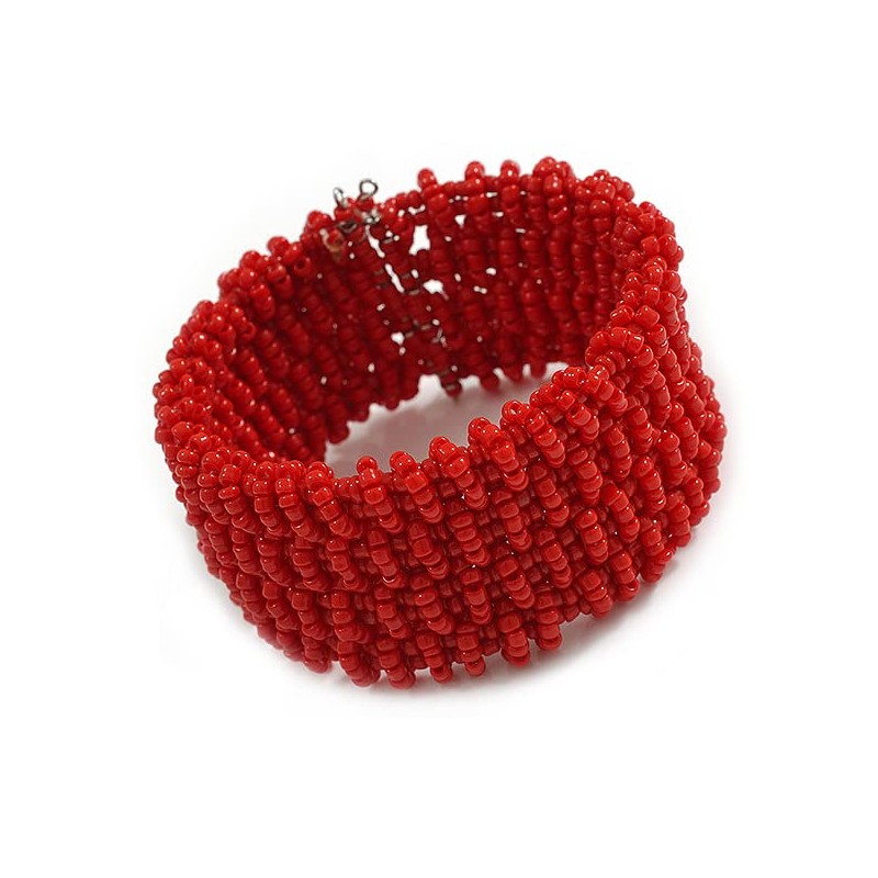 Avalaya Fancy Red Glass Bead Flex Cuff Bracelet - Adjustable