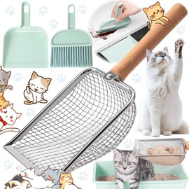 Weploda Pack of 3 Cat Litter Scoop, Metal Stainless Steel, Durable Aluminium Metal Cat Litter Tray Scoop, 2.5 mm Pore Size Metal Cat Shovel, with Plastic Shovel, Broom Sets, for Cats and Dogs