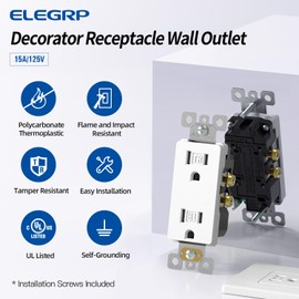 ELEGRP Matte White Decorator Wall Receptacle Outlets, Tamper Resistant 15 Amp Standard Electrical Wall Outlet, Residential Grade, Self-grounding, 125V, 2 Pole 3 Wire, 5-15R, UL Listed, 10 Pack