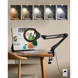 Magnifying Glass with Light, 10X & 5X Real Glass & Anti-Glare Lens, 5 Color Mode Stepless Dimmable LED Desk Magnifying Lamp, Hands-Free Desk Lamp with Clamp for Crafts Reading Repair Hobby (Yellow)