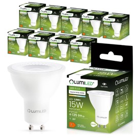 Lumiled LED GU10 Bulb 1.5 W 135 lm Neutral White 4000 K Replaces 15 W Halogen CRI>80 Reflector Spot 36° Beam Angle Not Dimmable Pack of 10 Energy-Saving Bulbs for Living Room Kitchen Hallway Hotel