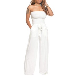 ECDAHICC Women's Tube Top Romper Casual Off Shoulder Solid Color Strapless Pleated Belted Wide Leg Jumpsuit with Pockets(WH-S)