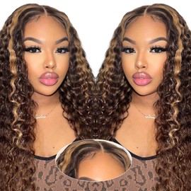 AAKJJ 4/27 Glueless Wigs Human Hair Pre Plucked Pre Cut, Highlight Ombre Deep Wave Wigs, 5x5 HD Lace Closure, No Glue Ready to Wear Wig for Women, Soft, Beginners Friendly, 200 Density, 18 Inch
