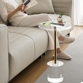 XIMSPHY Clear Acrylic End Table, Round Side Table, Drink Table with Metal Post for Living Room, Bedroom, Office, Easy Assembly, 15.7x15.7 inch, 23 inch high