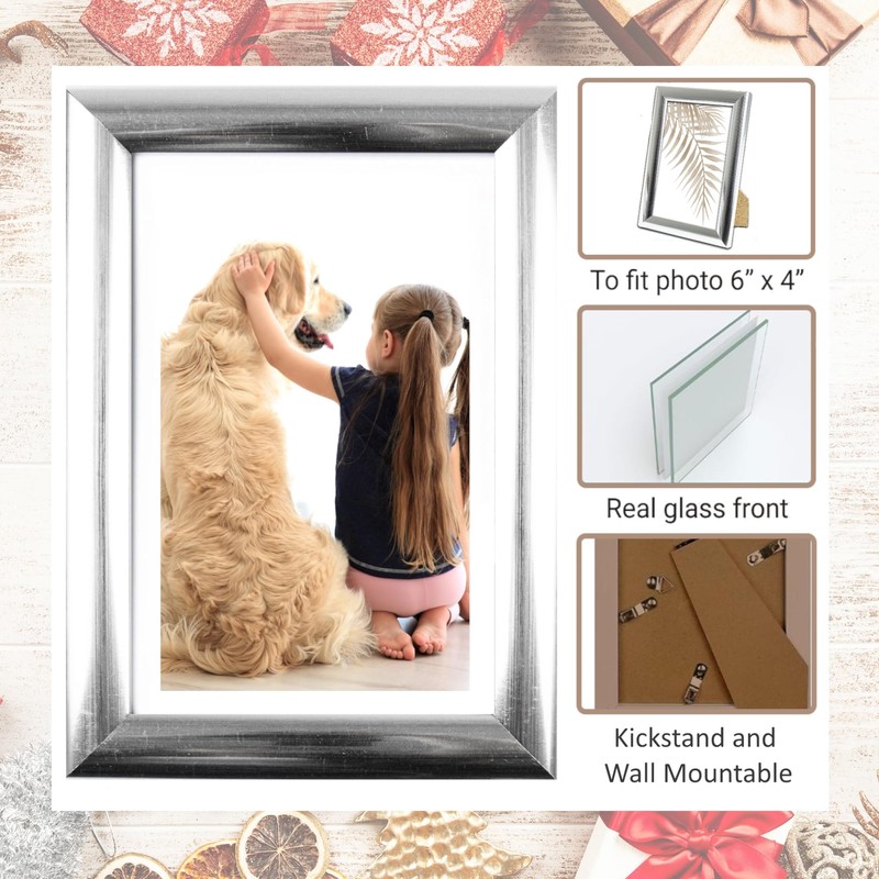 Photo Picture Frame 6 x 4, Silver, Freestanding and Wall