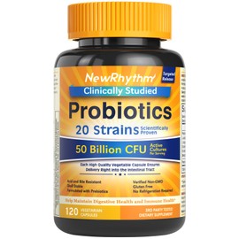 NewRhythm Probiotics 50 Billion CFU 20 Strains, 120 Veggie Capsules, Targeted Release Technology, Stomach Acid Resistant, No Need for Refrigeration, Pack of 1, Non-GMO, Gluten Free
