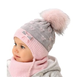 Smarilla Baby Winter Hat Girls Tie Hat Knitted Hat with Triangle Scarf, Pink-Grey