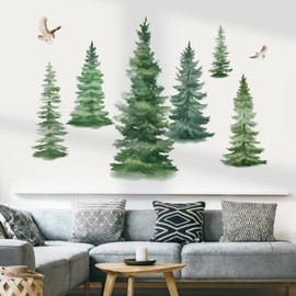 decalmile 6 Watercolor Pine Tree Wall Decals Christmas Woodland Wall Stickers Nursery Bedroom Living Room Wall Decor(H: 37inches)