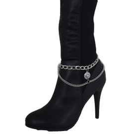 TrendyFashionJewelry TFJ Women Western Boot Chain Metal Bling Bracelet Side Waves Shoe Anklet Charm Silver Medallion Coin Ethnic Style