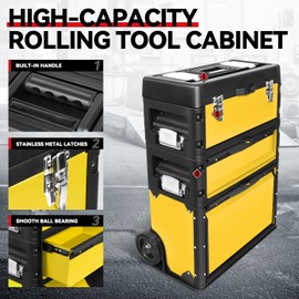 Auto Dynasty Stackable Tool Box 3-Tier Tool Separate Organizer Rolling Tool Chest with Wheels 3-in-1 Upright Trolley Tool Chest for Garage or Workshop, Yellow