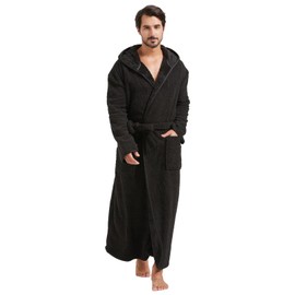 FashGudim 400g Mens Plush Robe with Hood Full Length Winter Long Luxury Hooded Bathrobe for Men Big and Tall (Black, 6XL)