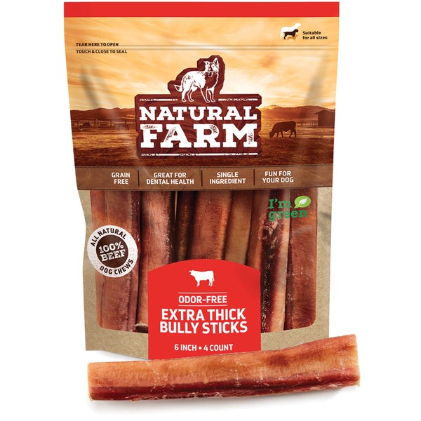 Natural Farm Jumbo Bully Sticks (6 Inch, 4 Pack), Odor Free, Extra-Thick Dog Chews - Fully Digestible 100% Beef Treats, Supports Dental Health, Keep Your Dog Busy with 50% Longer Lasting Chews