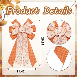 Threetols Large Fall Bow for Wreath, Orange Buffalo Plaid Wreath Bows Leaf Bow for Front Door, Autumn Farmhouse Ornament Tree Topper Bows for Thanksgiving Indoor Outdoor Decoration