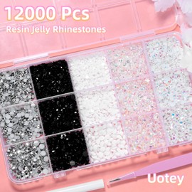 12000 Pcs Resin Jelly Rhinestones for Crafting, Multi Sizes Flatback White Black Gems, Resin Rhinestones Bedazzling Crystal with Pickup Tool for DIY Crafts Clothing Shoes Fabric Nail Art