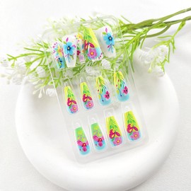 Medium Coffin Nails Press ons Colorful Press on Nails Medium Fake Nails Coffin Flower Butterfly Design Color Gradient Glue on Nails White False Nails Acrylic Artificial Stick on Nails for Women 24Pcs