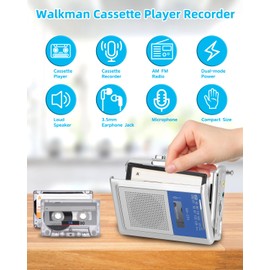 Small Cassette Player Recorder, Portable AM FM Vintage Tape Cassette Player with Big Speaker and Headphones, Built-in Microphone, Powered by DC or AA Battery for Walking