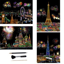 ShipeeKin 4 x Scratch Pictures, 290 x 210 mm, Landmarks Wall Picture, Coated Colourful Scratch Paper with Tool Set (Fireworks City)