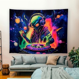 OSVINO Blacklight Alien Tapestry 230x180CM UV Reactive Alien DJing Wall Tapestry UFO Psychedelic Planet Posters Wall Hanging for Bedroom Living Room Dorm
