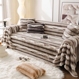 vctops Faux Rabbit Fur Sofa Covers for Sectional Sofa Luxury Gradient Color Couch Cover for Dogs Coffee Ombre Loveseat Covers Futon Cover L Shaped Cover Washable Couch Protector (Coffee,71"x102")