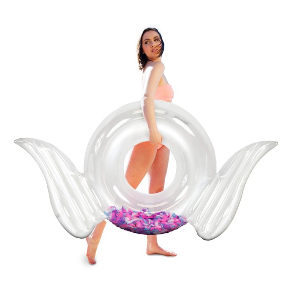 CoTa Global Angel Wings Inflatable Swim Float Ring, Confetti Transparent Lounge for Summer Pool Party Beach Lake - Premium UV Resistant Vinyl Water Tube Toy, Women Adults Kids - Transparent Feather