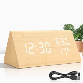 Alarm Clock, Digital Alarm Clock, Wood, Wood Effect Alarm Clock, Table Clock with Voice Control, Date/Indoor Temperature and Humidity, 3 Adjustable Alarm Groups, for Home, Children, and Office (Brown)