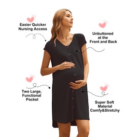 Ekouaer Womens Labor and Delivery Gown for Hospital Maternity Night Gowns Sleepwear for Breastfeeding Nursing Nightgown with Button Plus Size Black XXL