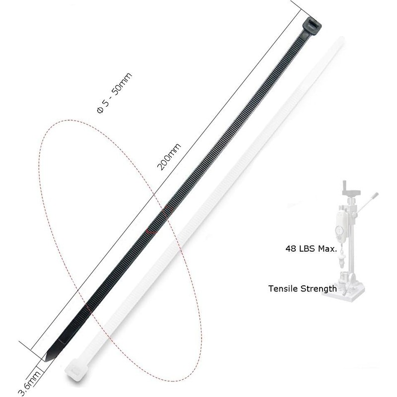 200 Pack of White Cable Ties, 200mm x 3.6mm, 8"