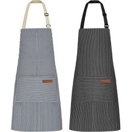 XIEJINJIA 2 Pack Adjustable Apron with Pockets Chef Kitchen Restaurant Cooking Baking Gardening for Women Men Black Pinstripe/Blue Pinstripe