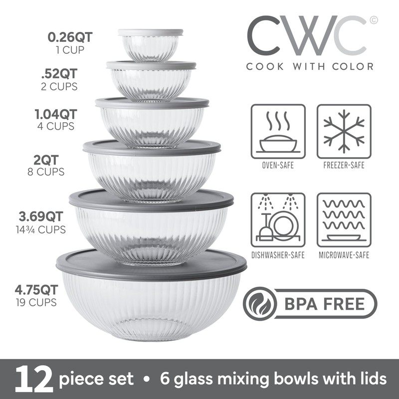 COOK WITH COLOR 12 Pc Glass Mixing Bowl Set with