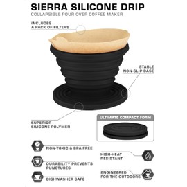 COLETTI Sierra Collapsible Coffee Pour Over Dripper — Camping Coffee Filter — Includes Pack of Paper Filters (Black, Pack of 2)