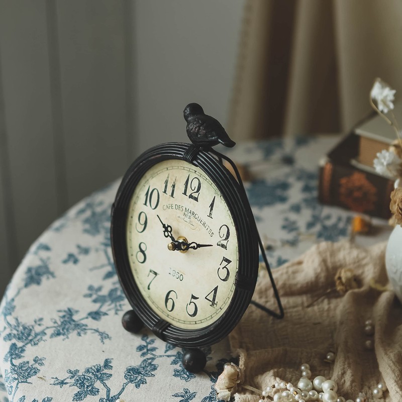 NIKKY HOME Vintage Table Clock with Bird, Metal Desk Clocks