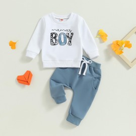 Carolilly Toddler Baby Boys 2pcs Valentine's Day Mother's Day Outfits, Letter Print Long Sleeve Sweatshirt + Elastic Casual Pants Suit (Blue White, 2-3 Years)