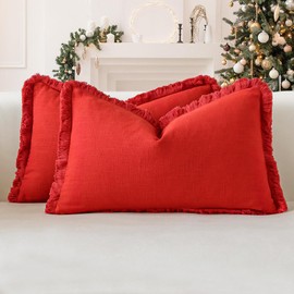 OTOSTAR Set of 2 Linen Fringe Decorative Throw Pillow Covers 12x20 Inch Soft Lumbar Cushion Cover with Tassels Farmhouse Home Decor Accent Pillowcase for Sofa Couch Patio Bed Living Room, Red