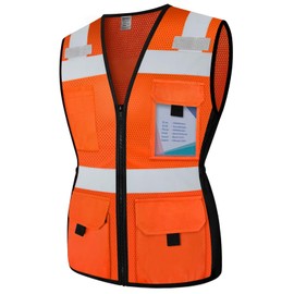TCCFCCT Women Construction Work Vest 11 Pockets Snug-Fit High Visibility Reflective Vest with Zipper, Neon Safety Vest for Lady Contractors/Surveyors/Workers, Durable to Use, Meets ANSI, Orange XL