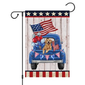 Louise Maelys 4th of July Garden Flag 12x18 Double Sided, Small Burlap Truck Golden Retriever Dog Welcome Patriotic Garden Yard House FLags for Memorial Day Independence Day Outdoor Decor (ONLY FLAG)