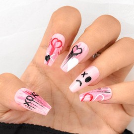 Sethexy Long Coffin Pink False Nails Handmade Funny Shiny False Nails Hand Painted Love Heart Nails Press Face Smell Acrylic Salon Quality Nail Art Removable for Women and Girls