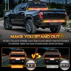 XRIDONSEN 60 inch Amber Red Truck Tailgate Strobe Lights Strip 360 LED Tail Light Bar Flashing Warning Hazard Safety Rear Emergency Lights for Tow Plow Trucks Construction Vehicles Pickup Trailer