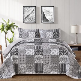WONGS BEDDING Grey Quilt Set Queen Size, Patchwork Plaid Bedspread Bedding Sets Soft Microfiber Boho Quilts for Queen Bed 3 Pieces Coverlet Set for All Season (96"x90")