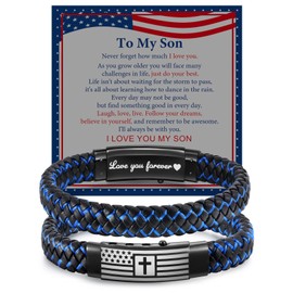 VNOX Christian Religious Gifts For For Son Bracelet with Cross American Flag Blue Leather Bracelets USA Patriotic Christmas Birthday Confirmation Baptism Christian Easter Unique Gifts for Sons