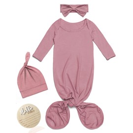 Newborn Knotted Gown, Ultra-Soft Silky Long Sleeve Sleeper 0~3 Months, Unisex Coming Home Outfit Set With Wooden Announcement Sign Newborn Baby Shower Girl Boy Clothes